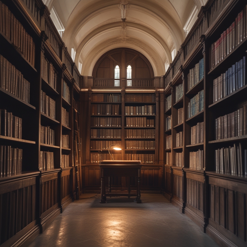 Interior of a classical reading room with high wooden shelves filled with aged hardcover books, a single reading desk illuminated by a warm desk lamp, arched ceiling details, dark wood panelling, quiet scholarly atmosphere