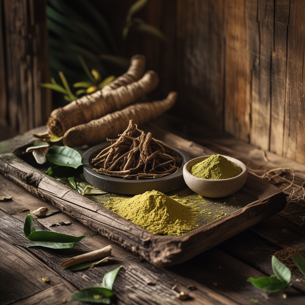 Rustic wooden tray displaying whole ginseng root sections, dried ashwagandha powder in a small stone bowl, green tea leaves scattered across aged timber, moody directional side lighting with warm amber tones