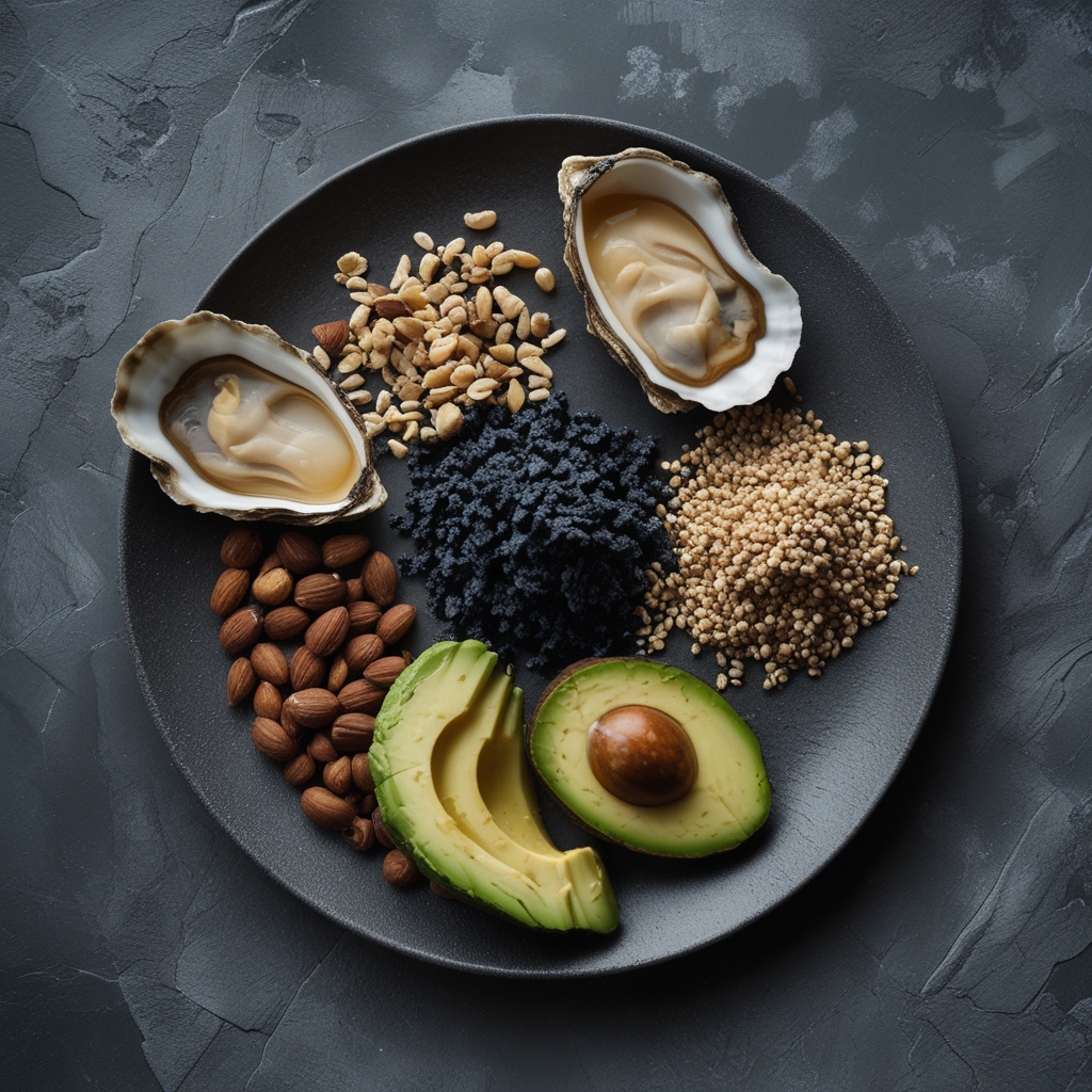 Artful flat-lay photograph of mineral-rich foods on a grey stone surface: opened oyster shells, a cluster of Brazil nuts, dark buckwheat groats, and sliced avocado, cool overcast diffused lighting highlighting textures