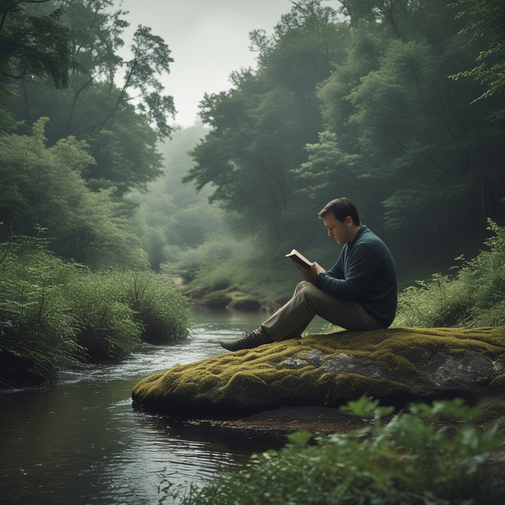 Adult man sitting quietly on a large mossy rock beside a calm forest stream, reading a book, surrounded by dense green vegetation, soft overcast light filtering through tree canopies, contemplative and peaceful atmosphere