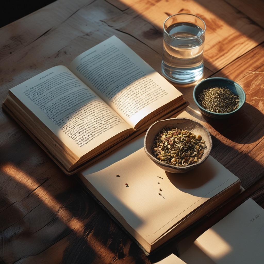 Close-up of a wooden table with an open hardcover book, a glass of water, a small ceramic bowl of mixed seeds and dried herbs, warm directional light creating deep textures and long shadows